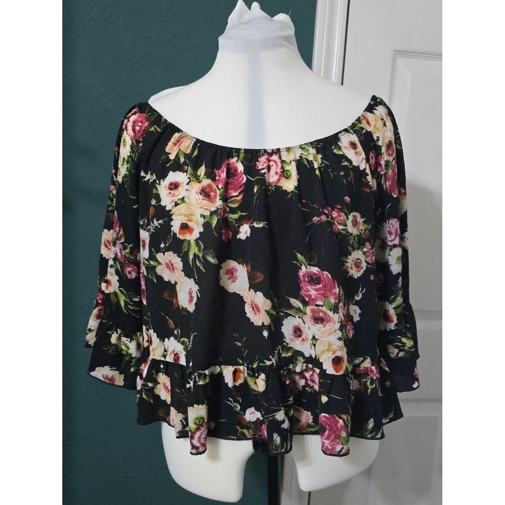 Floral Off Shoulder Peasant Blouse Top Free Kisses Black Size M Whimsigoth Boho - Picture 3 of 9